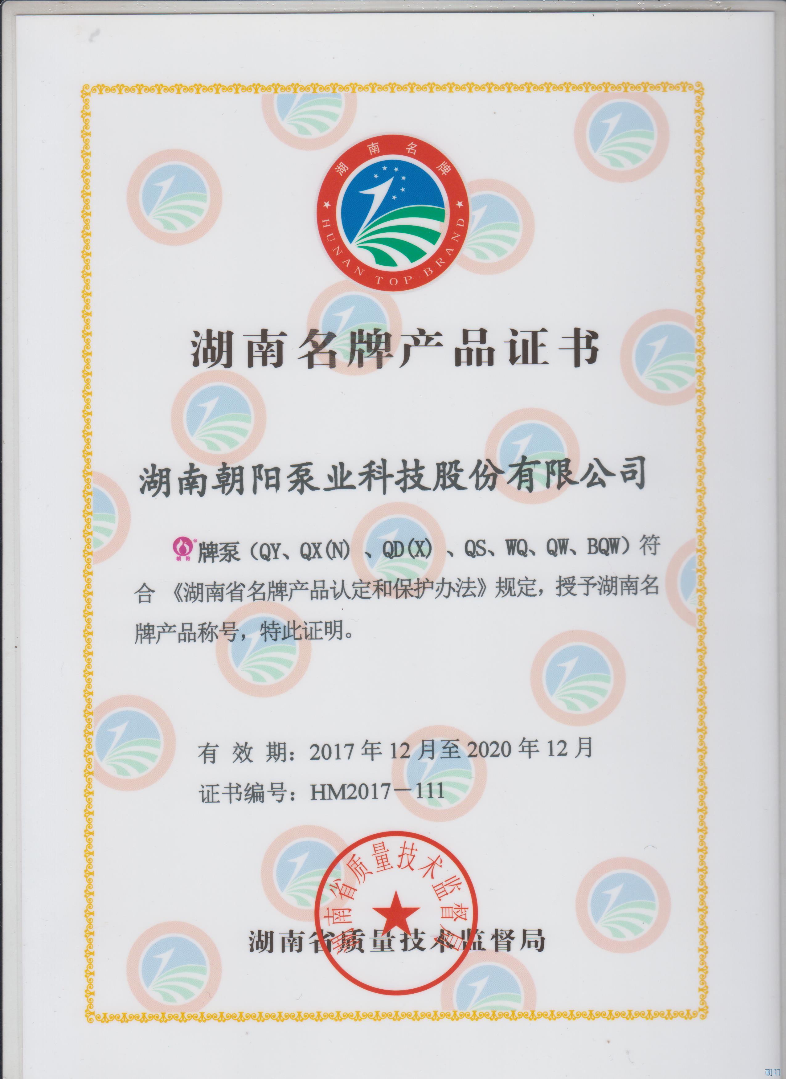 “朝陽(yáng)”牌水泵榮獲湖南名牌產(chǎn)品稱(chēng)號